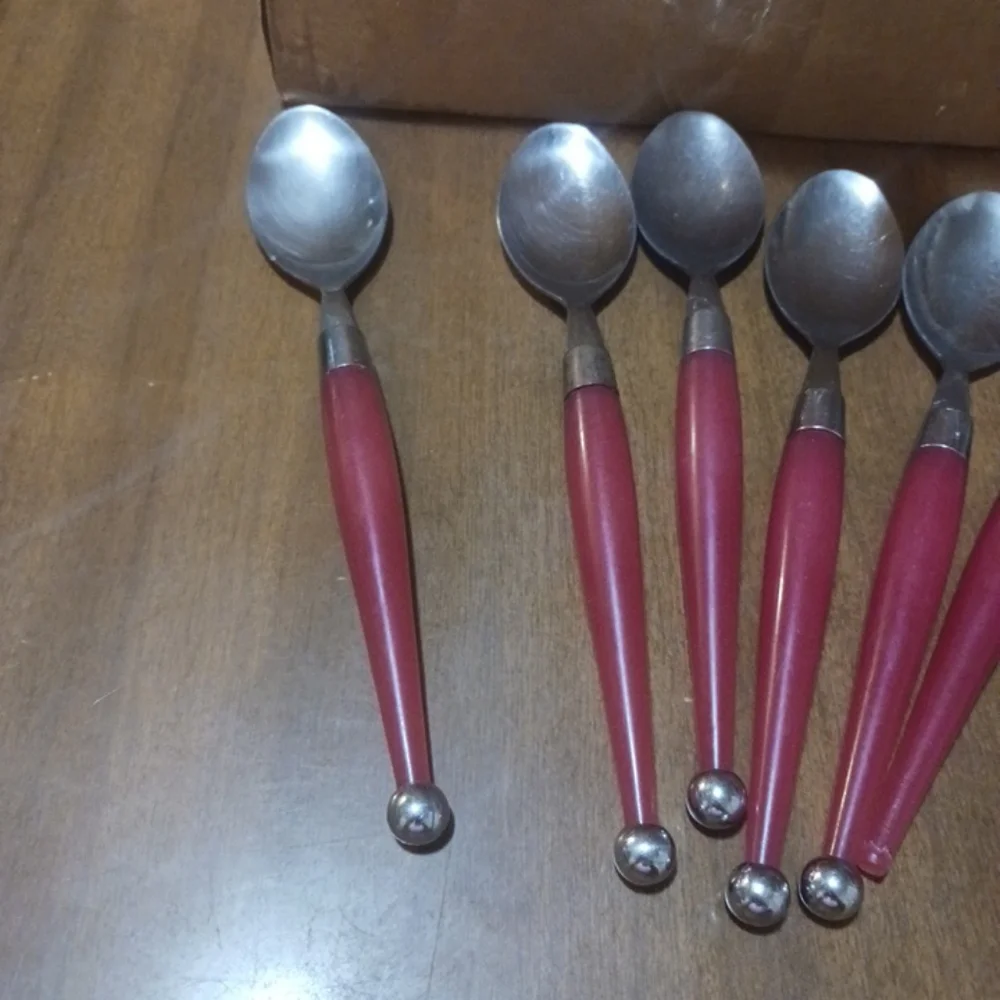 Spoons Lot 7 MCM PINK RED Handle Space Age 8